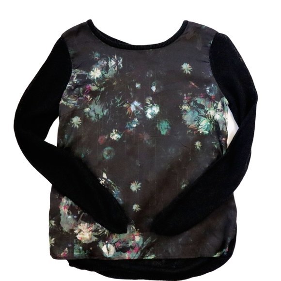 H&M Tops - H & M Silky Floral Print Top Black Long Sleeve Mesh Back Keyhole Closure Size XS